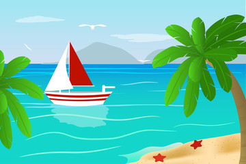 Fototapeta na wymiar Beach, boat, ocean. Cartoon. Vector illustration.