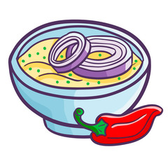 Funny and cute onion soup in a bowl, with red chili beside it - vector.
