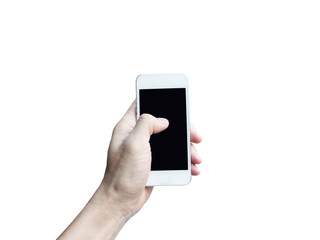 hand holding phone and finger touch screen isolated on white background