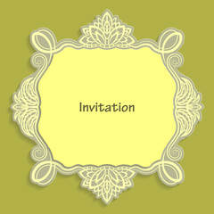 Card template for cutting out paper. A caligraphic gold pattern is made along the edge. Suitable for an invitation to a wedding or other event. Vector billet for laser cutting.