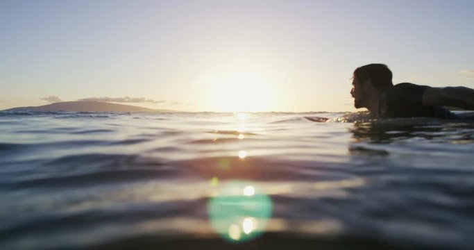 Sunset Surfer Silhouette Paddling Surfboard