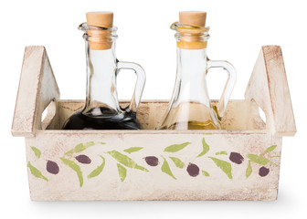 Olive oil in glass bottle isolated on white background