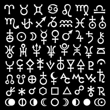 Astrological Signs of Zodiac, Planets, Asteroids, Aspects, Lunar phases, etc. (The big Black Set of Main Astrological Symbols).