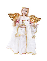 Fototapeta premium Doll angel with gold wings and white dress isolated on white background. Editorial use only.