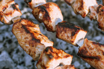 grilled meat on skewers and grill