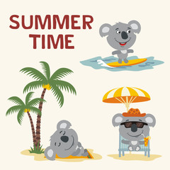 Summer time. Set happy koala bear resting on beach. Collection cartoon koala bear surfing, laying under palm tree, resting in sun lounger with cocktail. © coolpay