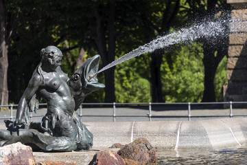 Germany, Baden-Wuerttemberg, Mannheim, Water Tower: Detail of waterspot of fountain near...