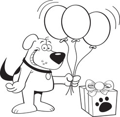 Black and white illustration of a dog holding balloons with a gift.