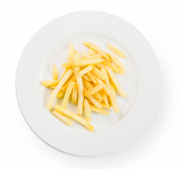 Crispy fried potato chips, french fries top view