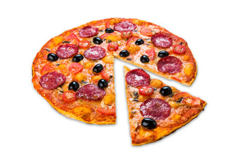 Delicious italian pizza with salami, closeup isolted on white