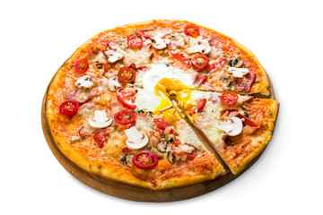Delicious pizza with mushrooms, bacon and egg isolated