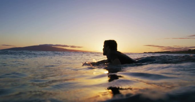Sunset Surfer Silhouette Paddling Surfboard