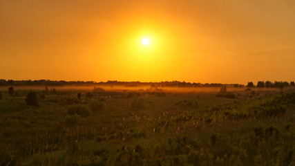 dawn. rising of the sun. sunrise. morning mist 