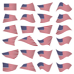 American flag set.American flag blowing in the wind.Vector illustration