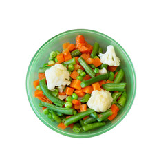 Asian cuisine. vegetable mix of carrots, peas, green beans and cauliflower in green plate, close-up view from above isolated on white background