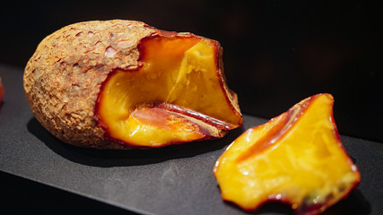 large unprocessed piece of amber. Baltic amber, resin segments, background or texture.