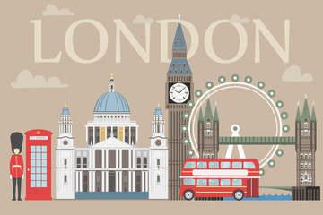 London travel info graphic. Vector illustration, Big Ben, eye, tower bridge and double decker bus, Police box, St Pauls Cathedral, queens guards, telephone.