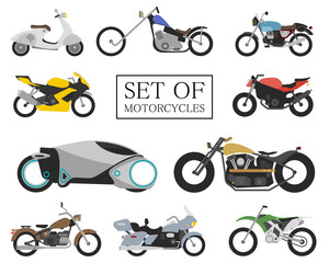 Set of motorcycle icons. retro and modern flat bikes. racing and street motorbikes. scooter on white.