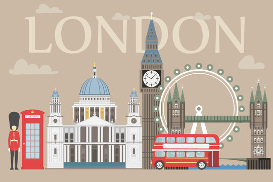 London travel info graphic. Vector illustration, Big Ben, eye, tower bridge and double decker bus, Police box, St Pauls Cathedral, queens guards, telephone.