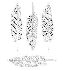 Monochrome zentangle feather set stock vector illustration