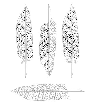 Monochrome zentangle feather set stock vector illustration