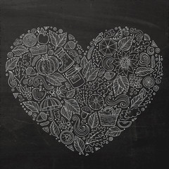 Doodle cartoon set of Autumn objects, symbols and items