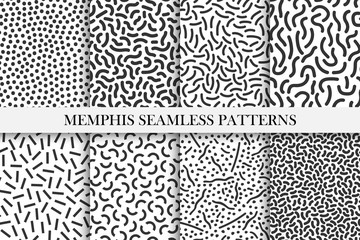 Collection of retro memphis patterns - trendy seamless swatches. Fashion 80-90s.