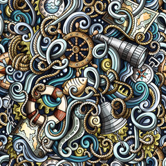 Cartoon hand-drawn nautical doodles seamless pattern