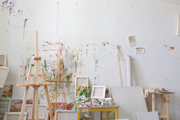 Wall in the artist's studio interior, workshop - obrazy, fototapety, plakaty