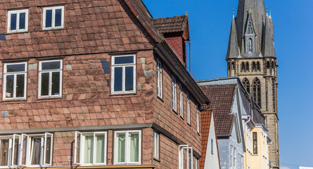 Fototapeta na wymiar Houses and church tower in the center of Detmold