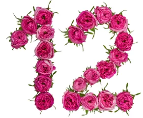 Fototapete Blumen Arabische Zahl 12, zwölf, aus roten Rosenblüten, isoliert auf weißem Hintergrund