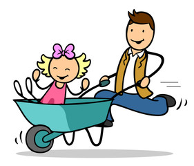 Vater fährt Kind in Schubkarre umher