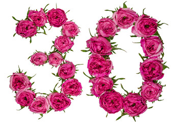 Arabic numeral 30, thirty, from red flowers of rose, isolated on white background
