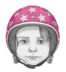 Portrait of Girl with helmet. Hand-drawn illustration.