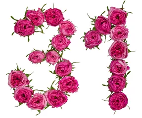 Papier Peint photo Des fleurs Chiffre arabe 31, trente et un, de fleurs rouges de rose, isolé sur fond blanc