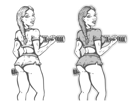 Girl bodybuilder with dumbbells.