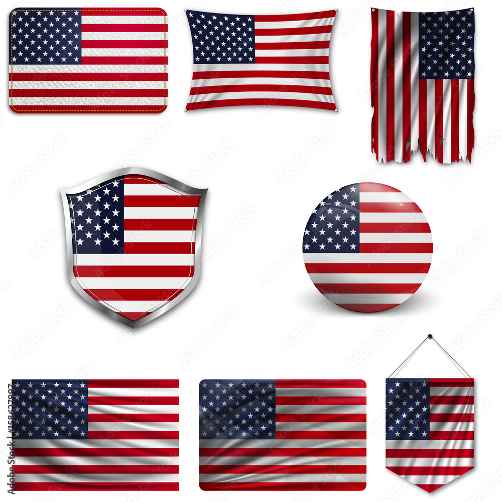 Poster set of the national flag of usa in different designs on a white background. realistic vector illustr