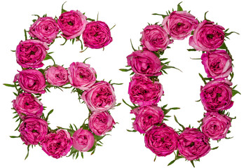 Arabic numeral 60, sixty, from red flowers of rose, isolated on white background