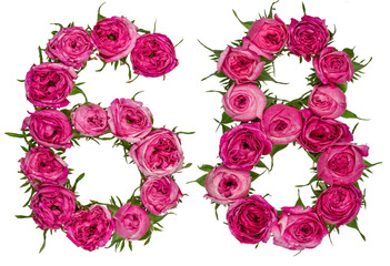 Arabic numeral 68, sixty eight, from red flowers of rose, isolated on white background