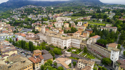 Fototapeta na wymiar Aerial video shooting with drone on Trento, famous Trentino city near the Adige river in northern Italy