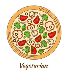 Round hot delicious tasty pizza. Vector illustration