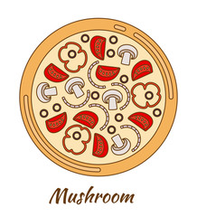 Round hot delicious tasty pizza. Vector illustration