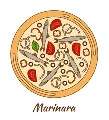 Round hot delicious tasty pizza. Vector illustration
