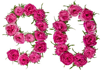Arabic numeral 90, ninety, nine, from red flowers of rose, isolated on white background