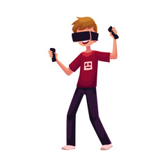 Boy wearing virtual reality headset, simulator, cartoon vector illustration isolated on white background. Teenager, boy wearing virtual reality simulator, headset, device, using computer technologies