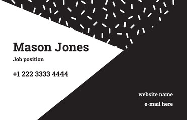 Fashion business card template in the style of Memphis. A perfect combination of geometry and black organic pattern. The pink dashes. Funky design.