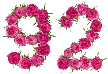 Fototapete Blumen Arabische Zahl 92, 92, aus roten Rosenblüten, isoliert auf weißem Hintergrund