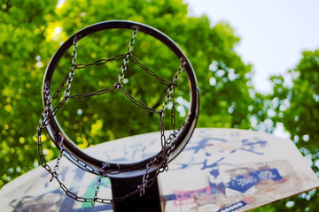 A basket ball hoop in a public park