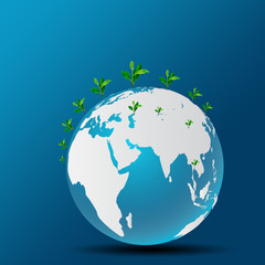 Blue planet and green tree on blue background.  Happy Earth Day. Save the Earth concept. go green.  ecology concept