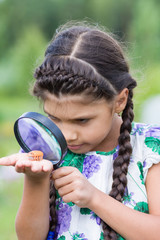 Girl look at beetle on your hand through magnifying glass
